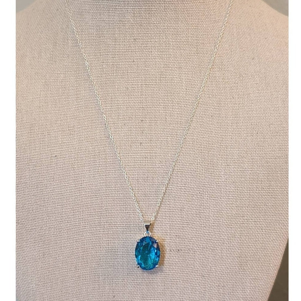 Large Simulated Swiss Blue Topaz Pendant on 925 Sterling 18" Chain