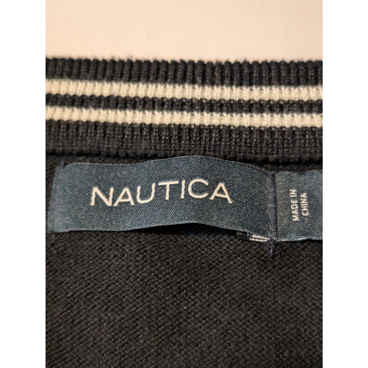 Nautica Black Cotton Viscose V-Neck Ribbed Hem Cuff Long Sleeve Sweater Mens L