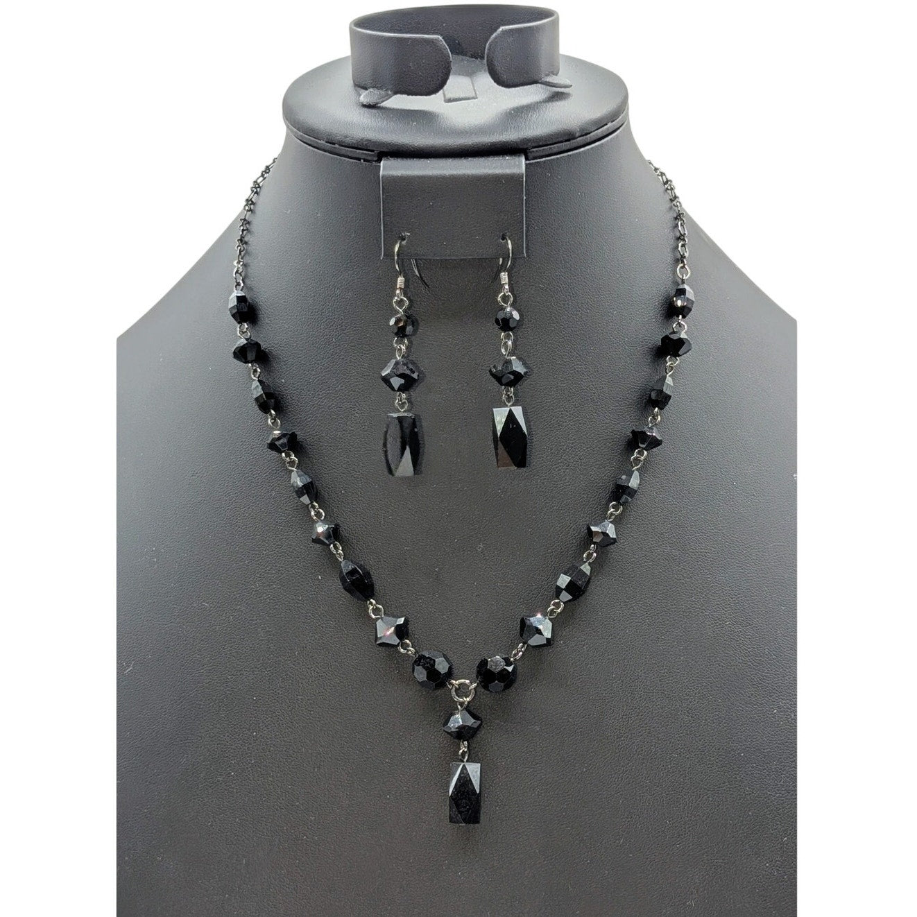 Gun Metal Black Glass Bead Y-Drop 16"-18.5" Necklace & Matching Earring Set