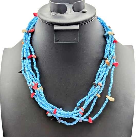 Six Strand Glass Seed Bead Genuine Stone Chip Beaded Button Clasp 20.5" Necklace