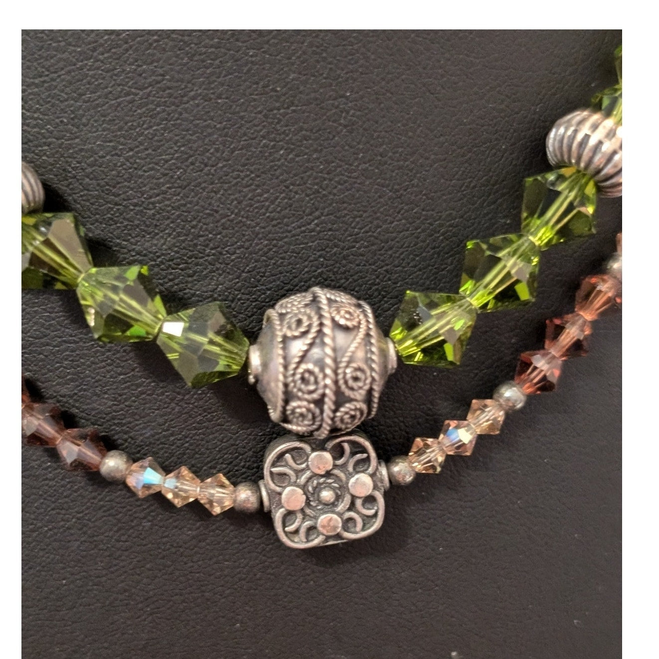 Two 925 Sterling Green Champagne Smoky Topaz Crystal Balinese Bead Necklaces