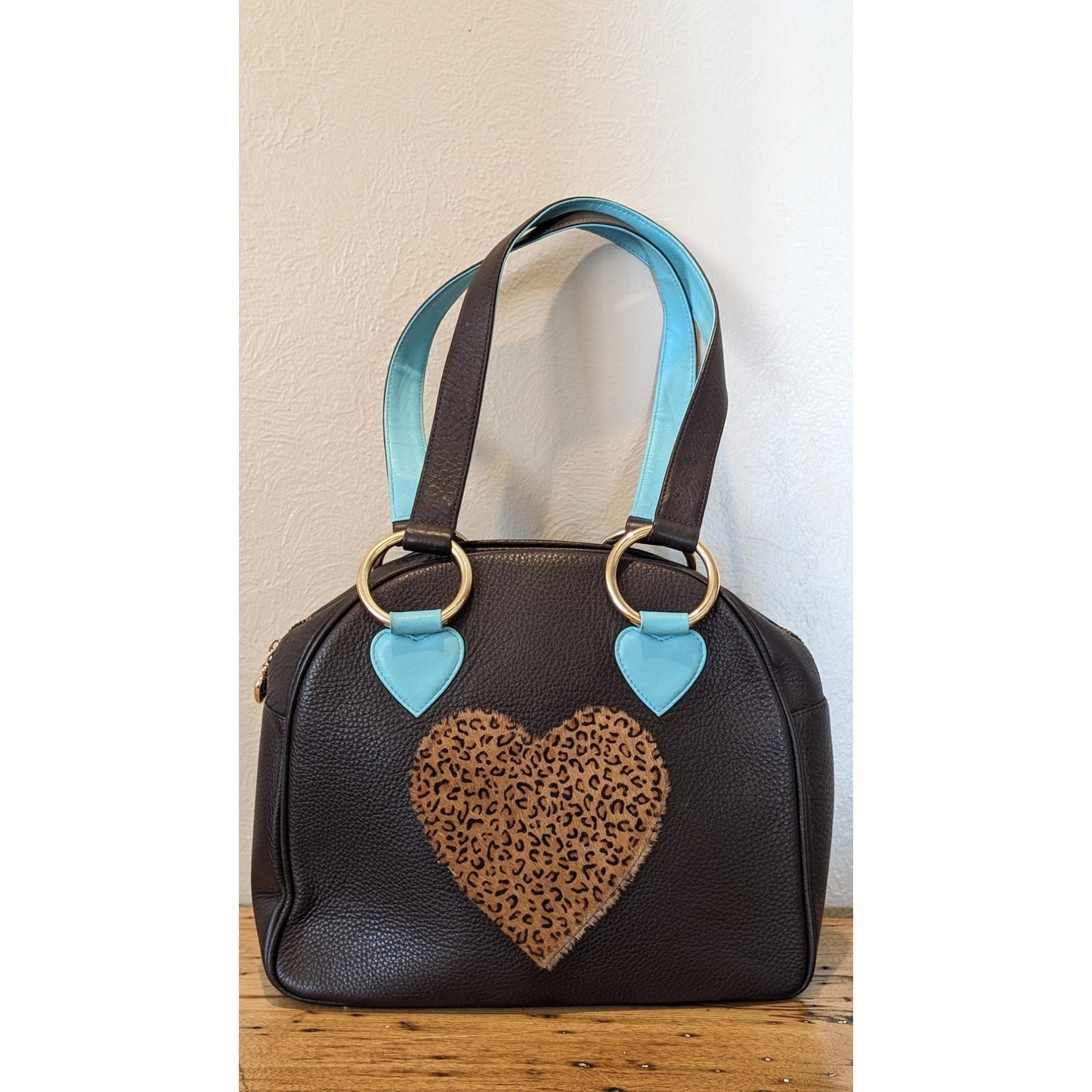 Sweet Tooth Brown Pebbled Grain Cheetah Heart Satchel Handbag