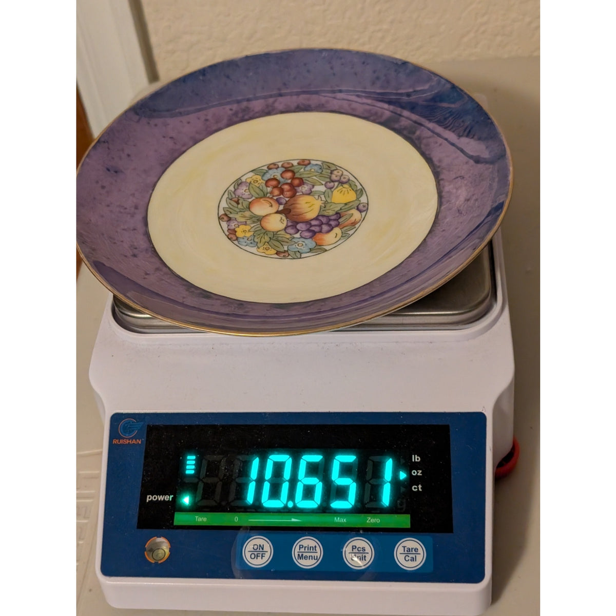 Vintage Blue Lustre Rim Painted Fruit 8" Plate Signed JV Cook