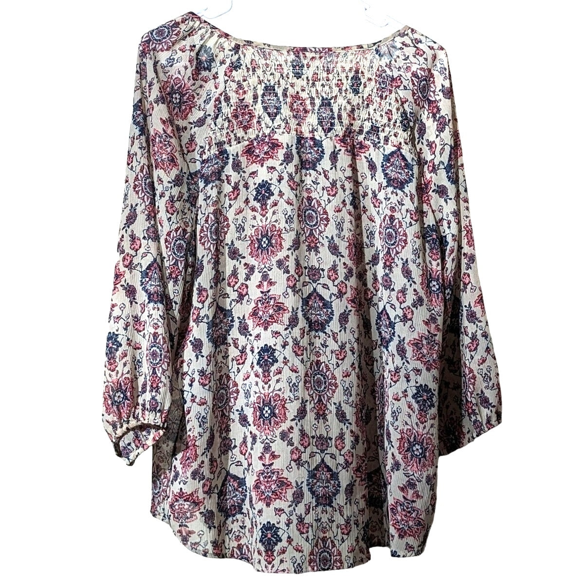 Sonoma Smock Tie Front 3/4 Elastic Sleeve Navy Pink Cream Floral Top Women Sz XL