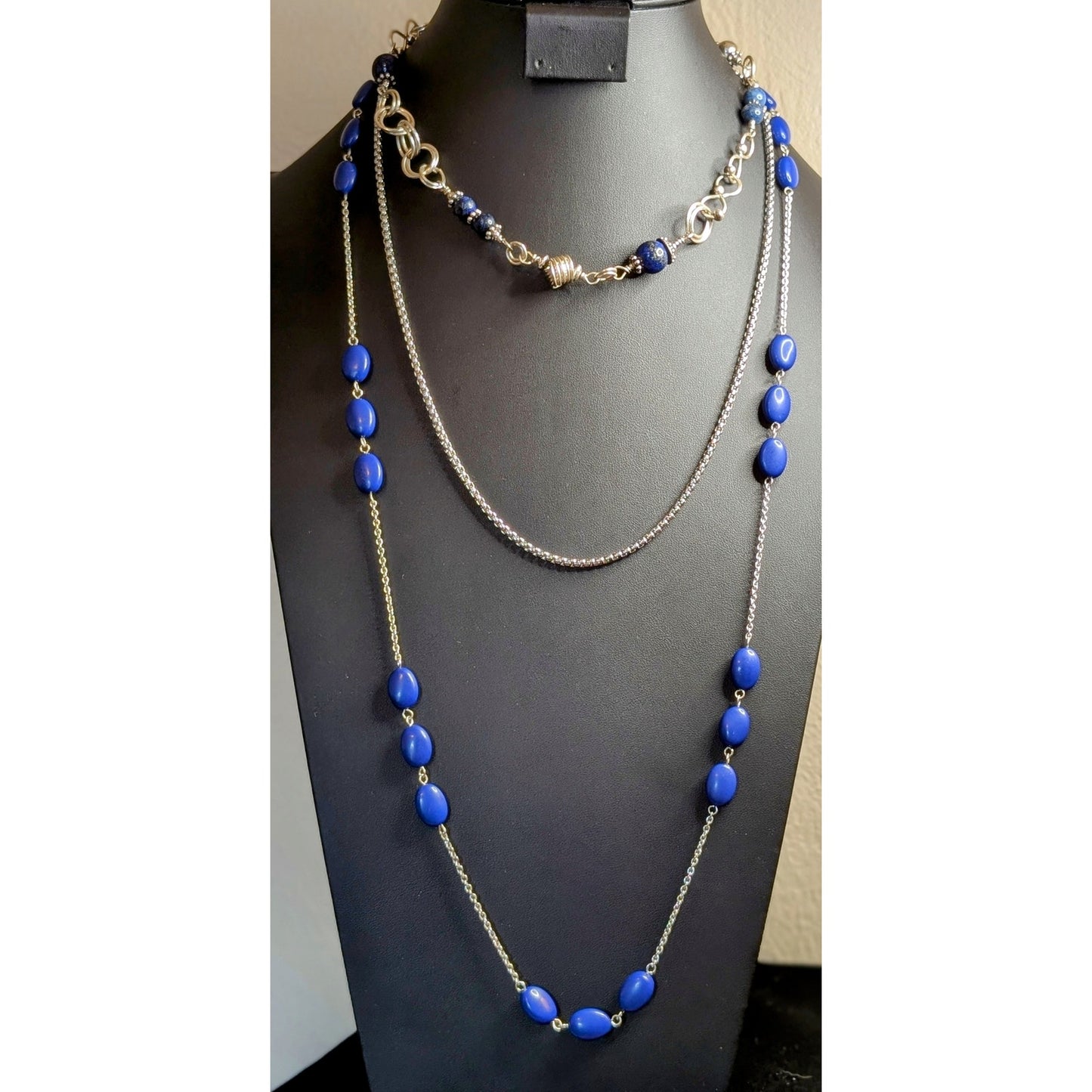 Lot of Three Silver Tone Blue Bead Necklaces (One Possibly Lapis Lazuli)