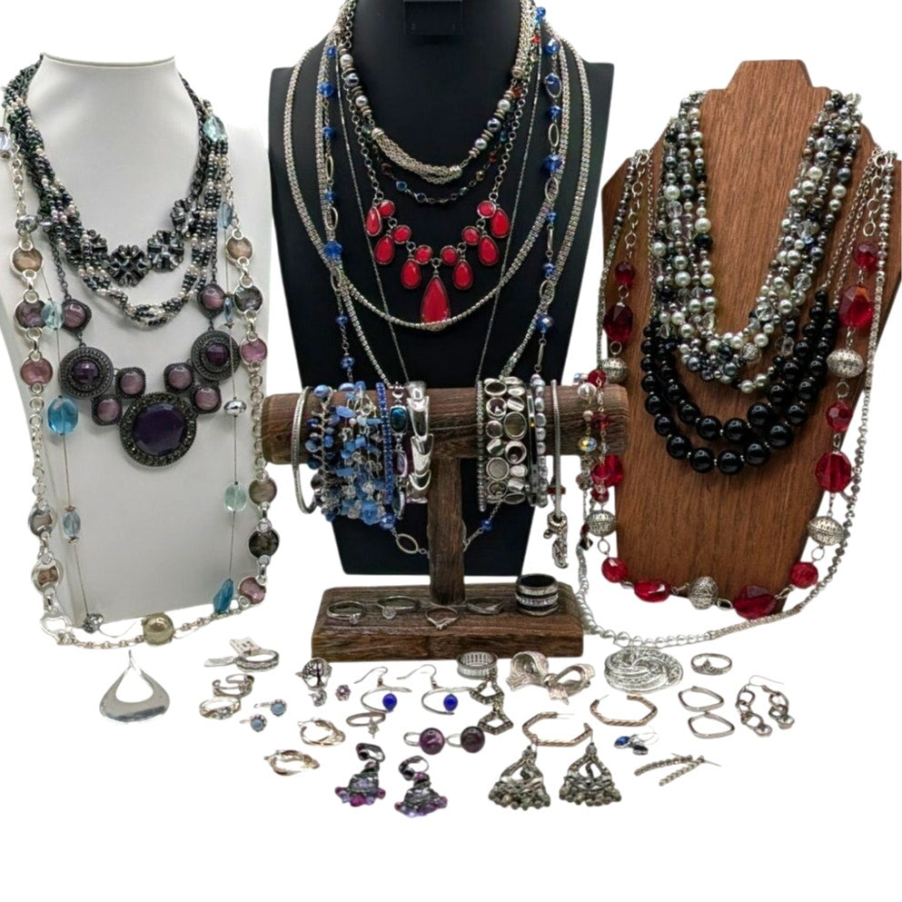 Reseller's Delight 56 Pcs of Silver Tone Vintage to Modern Costume Jewelry