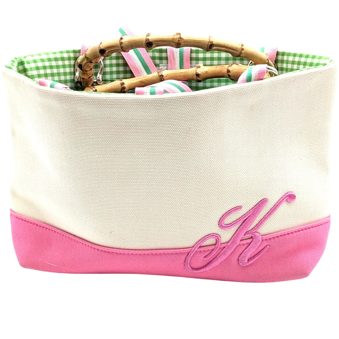Preston & York Preppy Canvas Bamboo Handle Cream Pink Monogram K Small Tote Bag