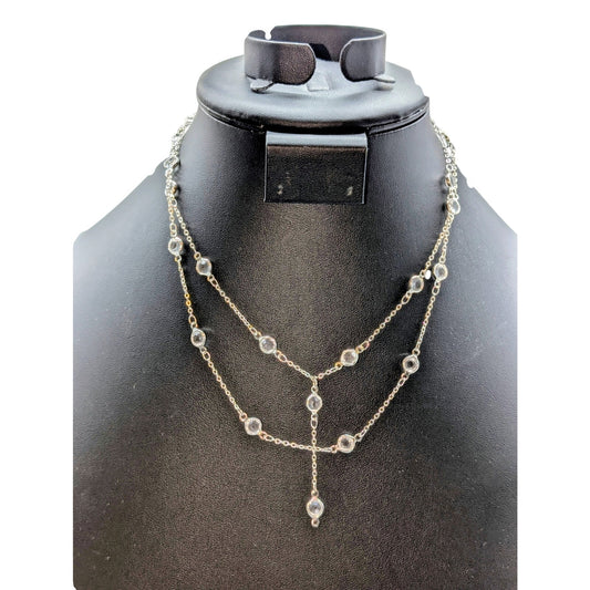 Double Strand Silver Tone Crystal Station Y Drop 15.5" Choker Necklace