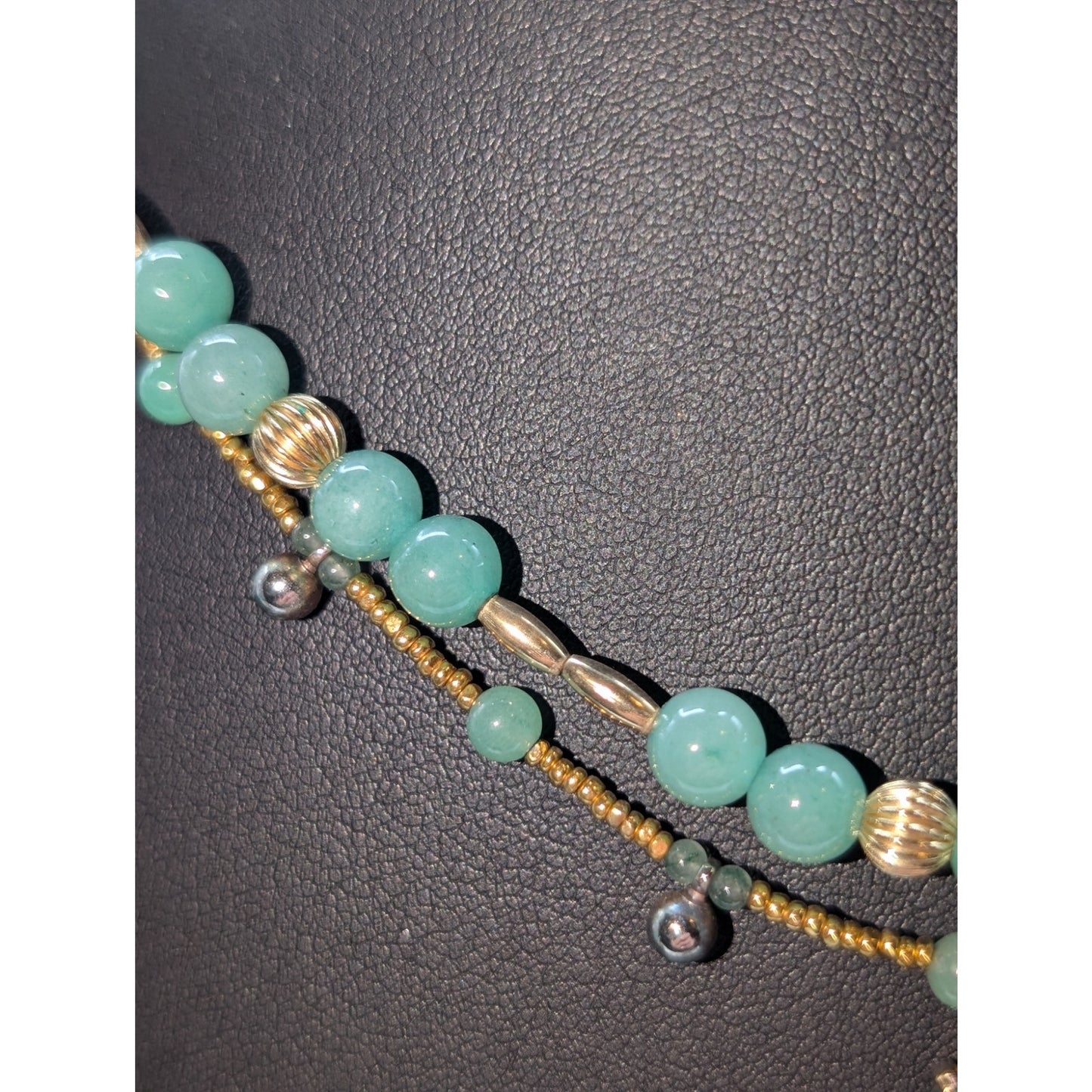 Two Green Gemstone Gold Bead Necklaces