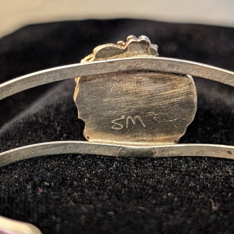 Vintage Signed SM Native Turquoise Rose Leaf Split Band Sterling Cuff Bracelet