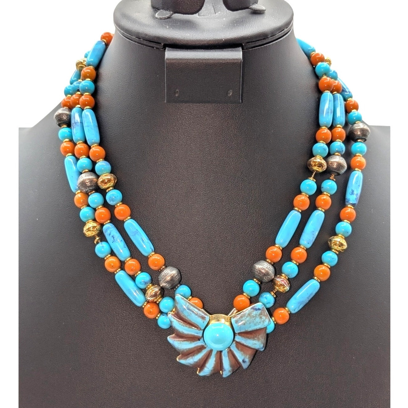 Vintage Three Strand Aqua Brick Gold Tone & Silver Tone Beaded Pendant Necklace