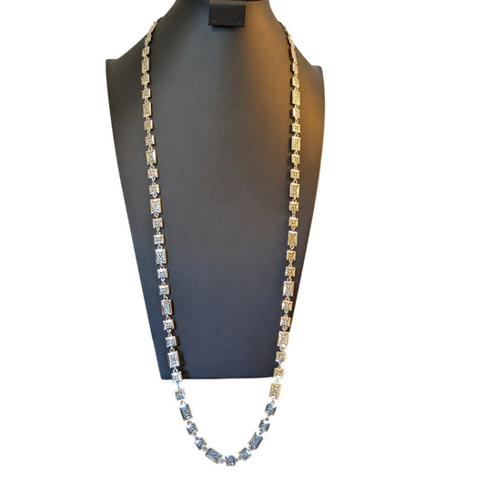 Vintage 42" Silver Tone Rectangle Floral Filigree Link Chain Necklace