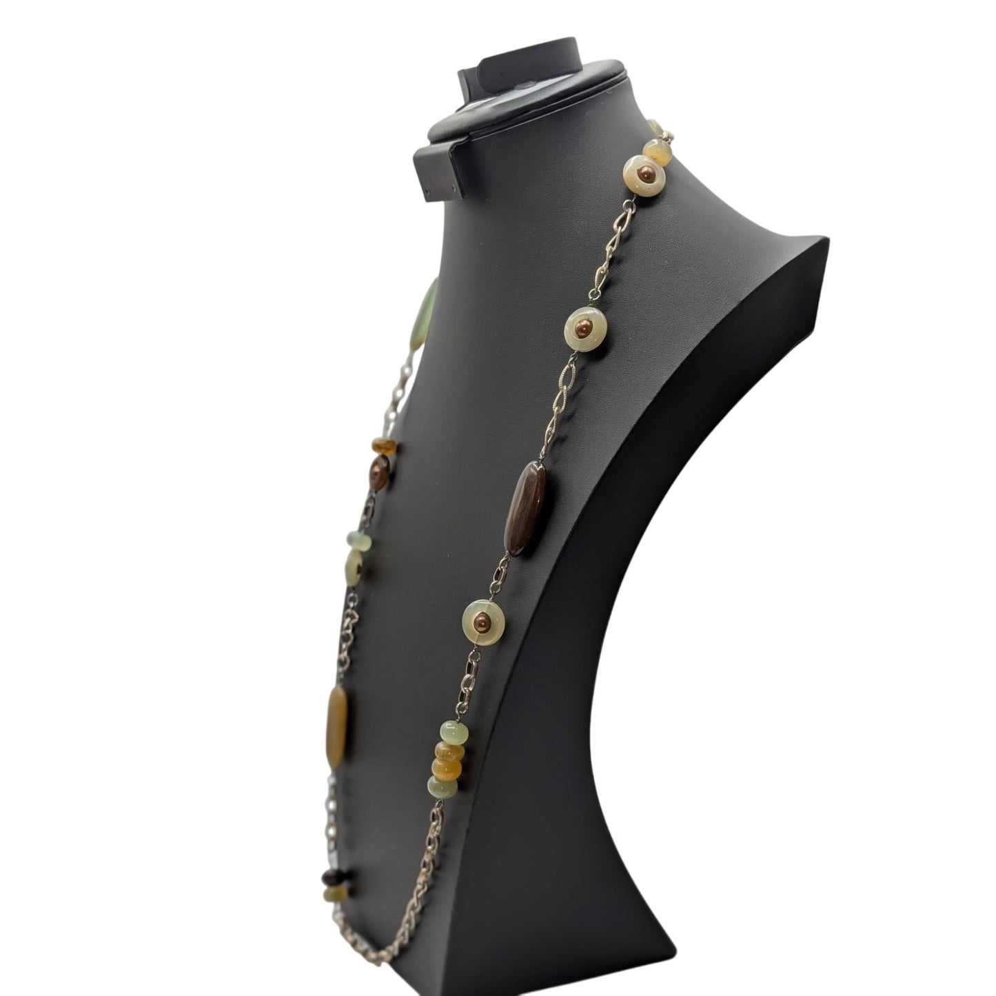 Vtg Green Brown Neutral Colors Stone & Glass Bead Silver Tone Chain Necklace