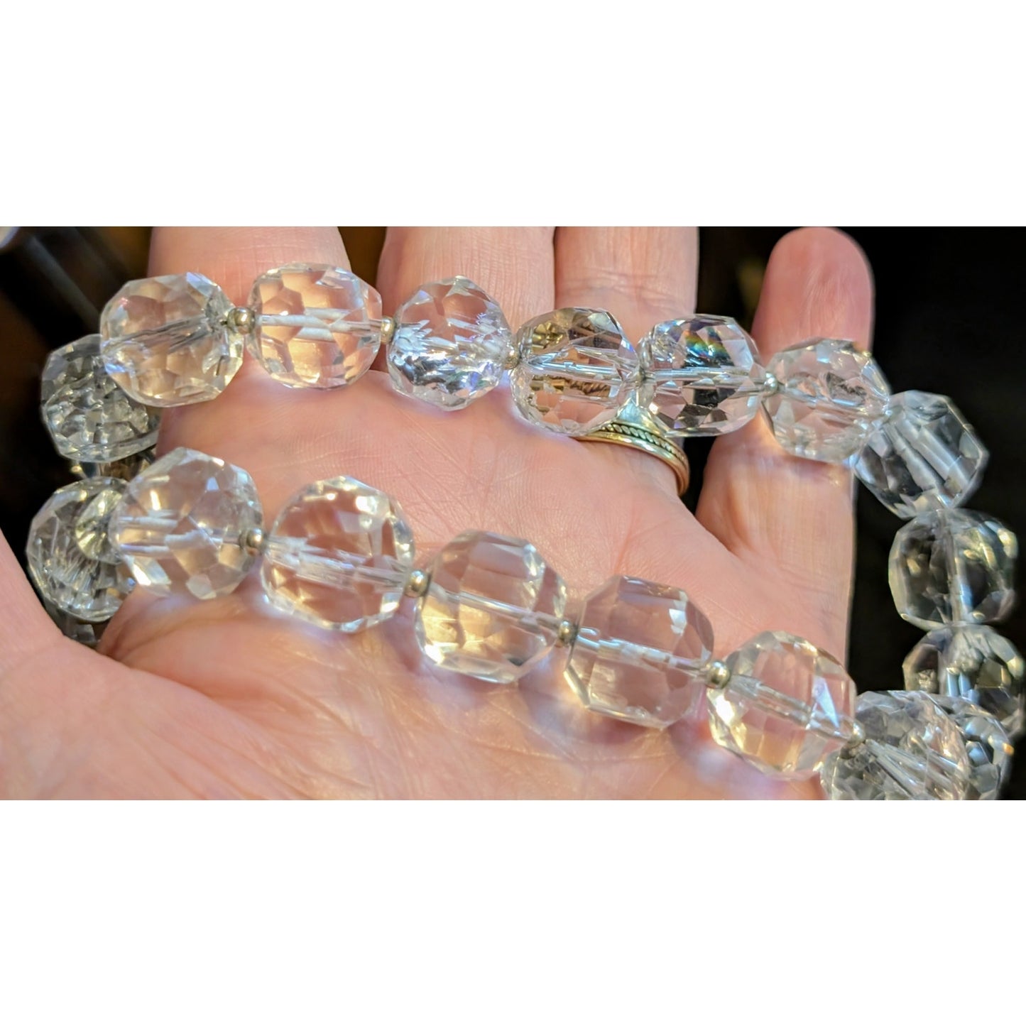 Vtg 925 Sterling Chunky Faceted Cut Rock Crystal Quartz Toggle Clasp Necklace