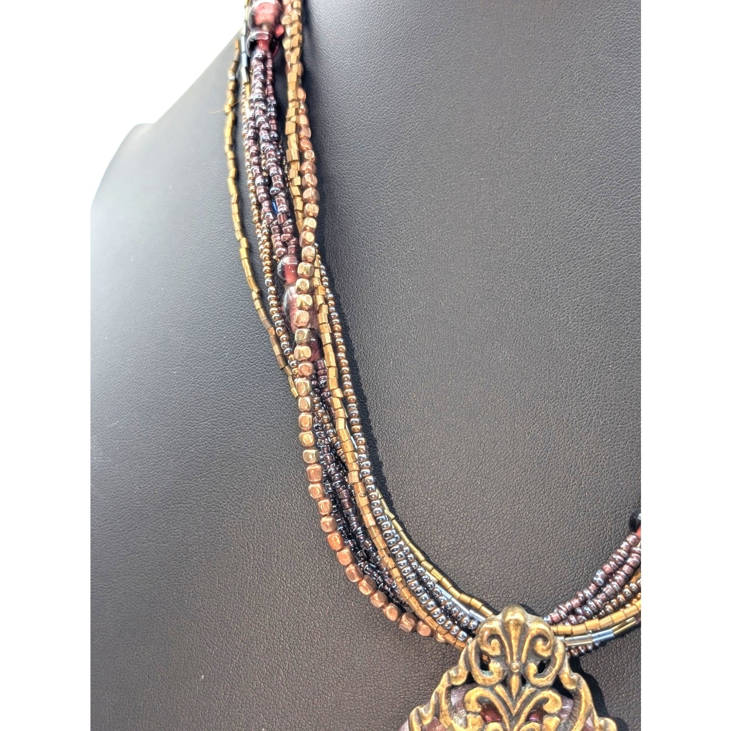 Chico's Multi-Strand Beaded Large Pendant Antiqued Gold Tone 18"-21.5" Necklace