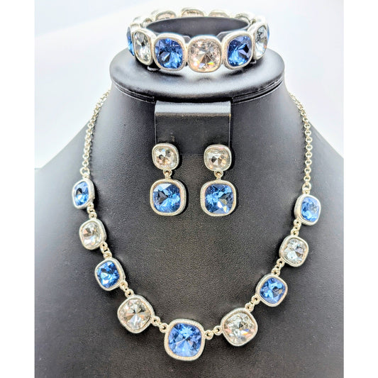 Vintage Crown Trifari Necklace Bracelet Pierced Earrings Glass Stone Jewelry Set