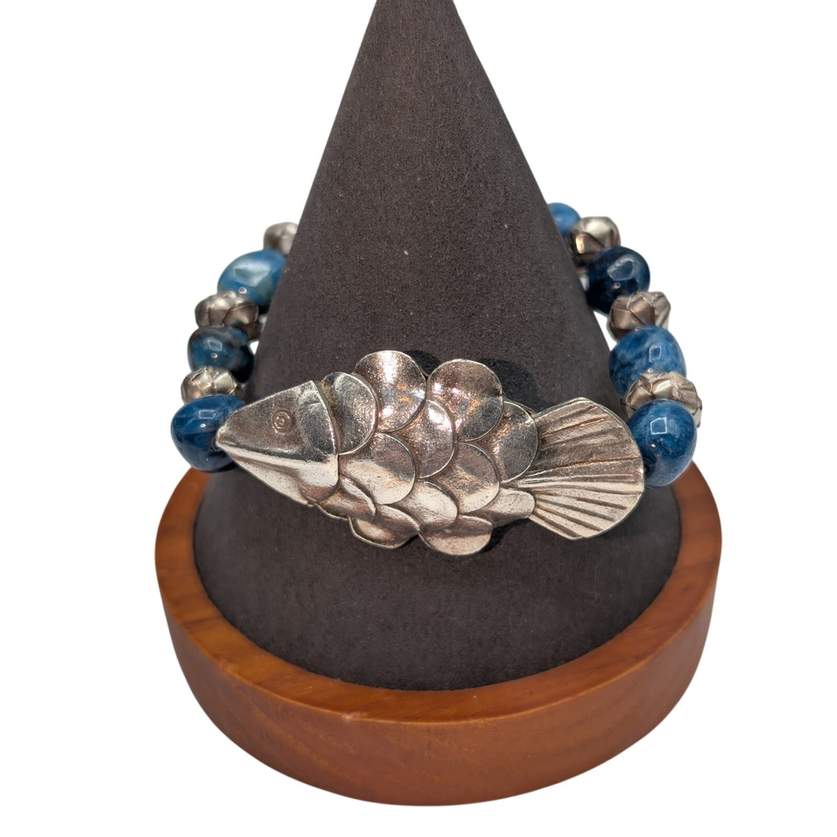 SS 925 Laura Stamped 7.5" Artisan Fish Bracelet w/Blue Accents & Toggle Clasp