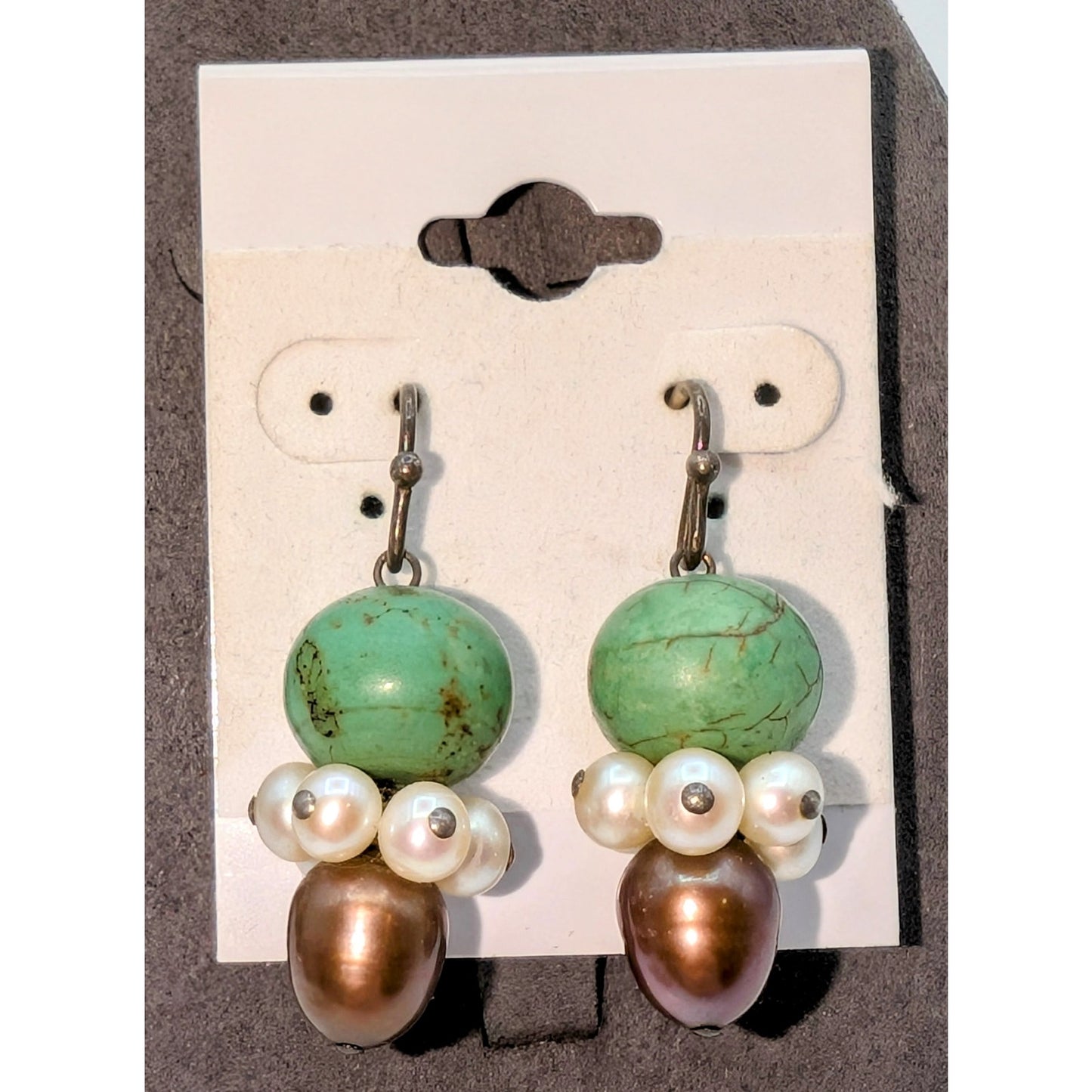 VTG 925 Green Turquoise Freshwater White and Chocolate Pearl Dangle Earrings