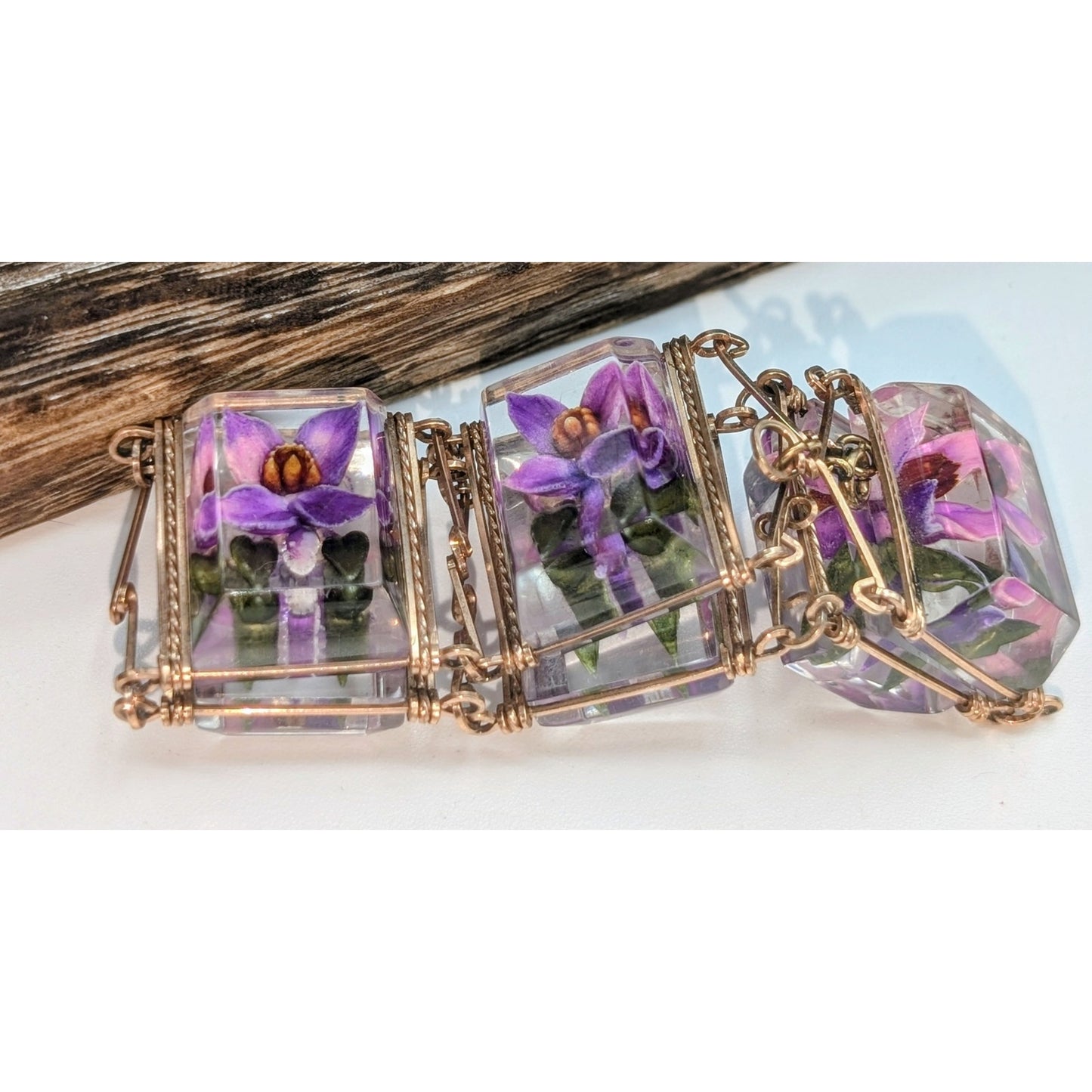 Vintage Reverse Carved Lucite Orchid Link Bracelet & Screw On Earring Set