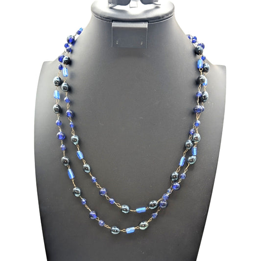 Vintage Blue Glass Rosary Style Beaded 52" Long Chain Necklace