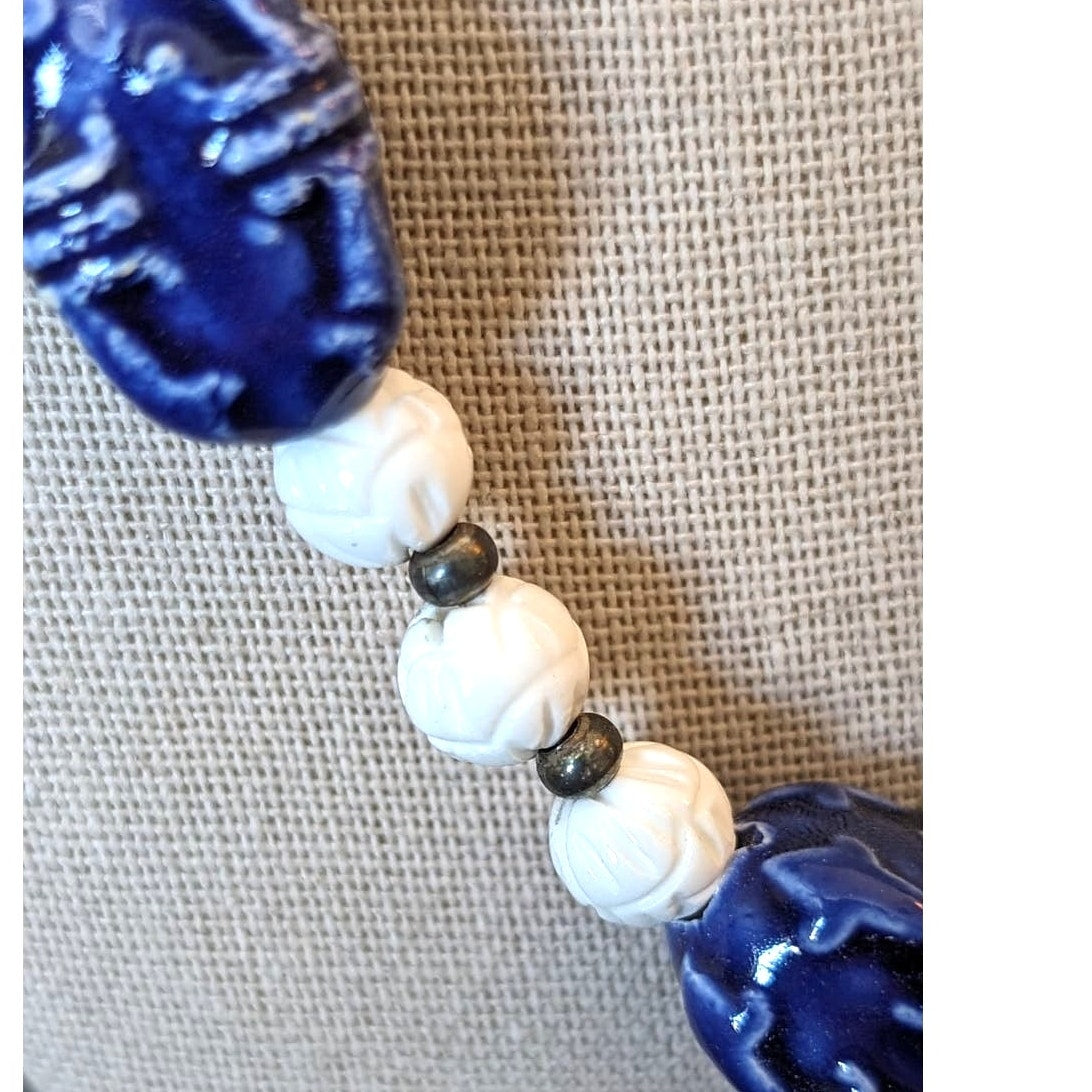 Asian Inspired Blue Ceramic Carved White Bead Necklace W/ Toggle Clasp