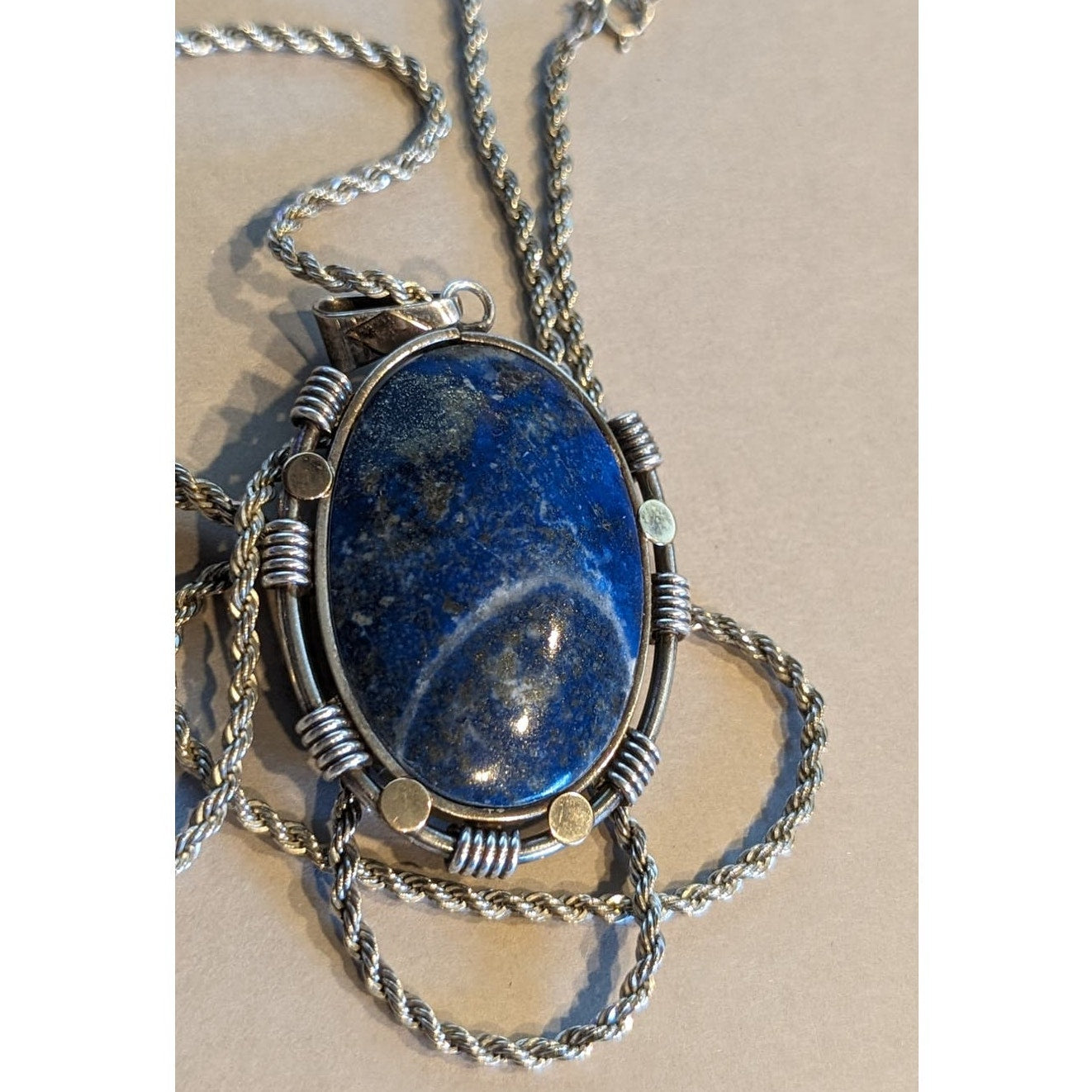 Blue Stone Bezel Set in Sterling Silver on Vintage Heavy Sterling Rope Chain