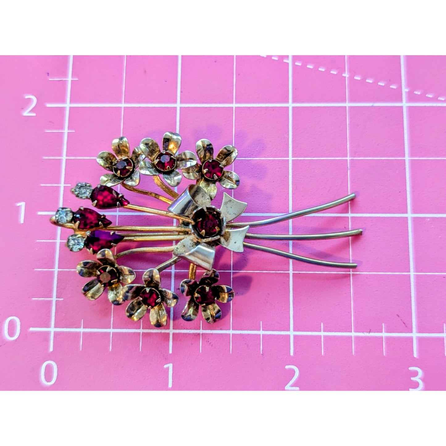 Vintage Gold Tone Red & Clear Rhinestone Floral Bouquet Brooch