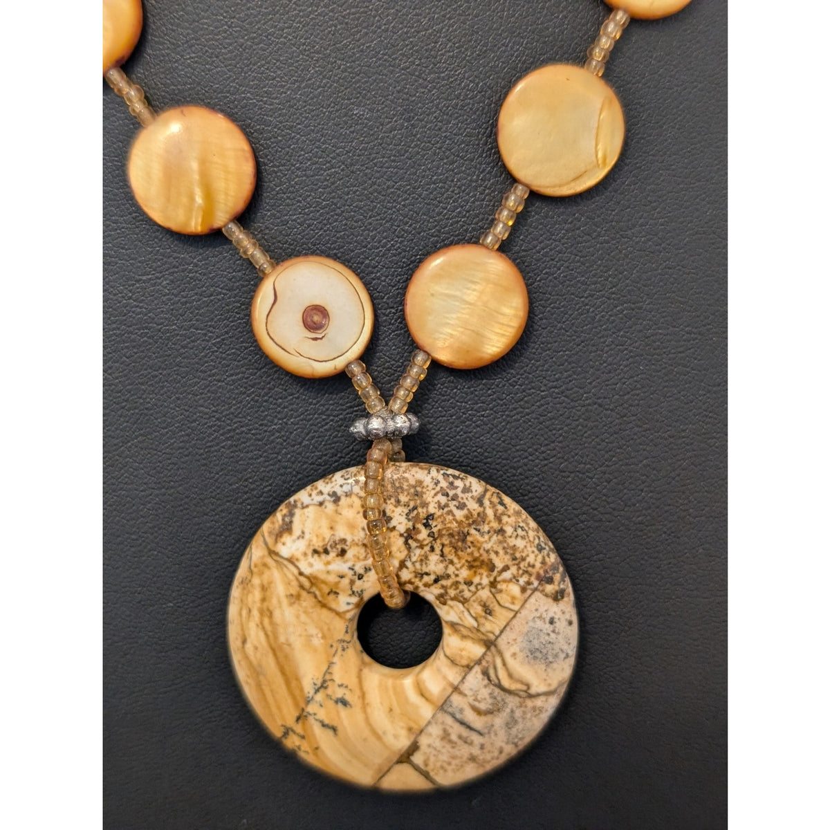 Round Gold Shell Bead Donut Jasper Pendant Barrel Clasp 18" Necklace