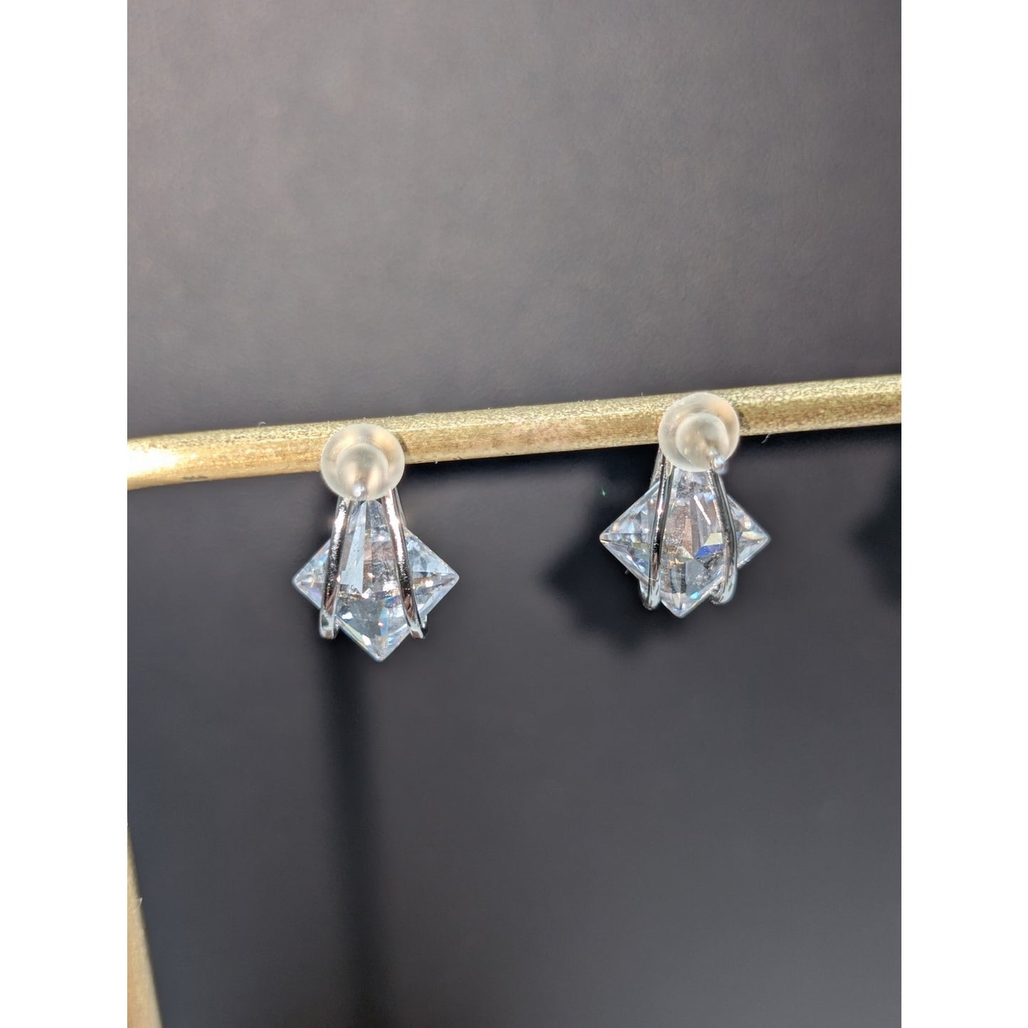 Marked SU CH Silver Square Crystal Pierced Earrings