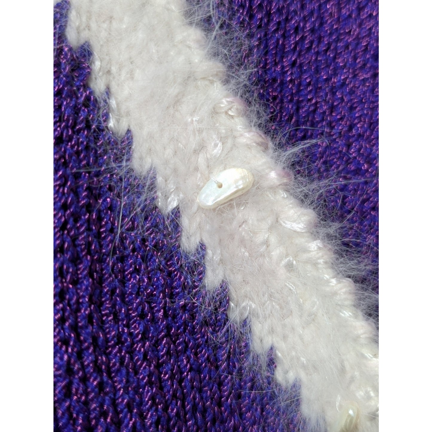 Vintage 80s Christine Purple Angora Bows Faux Pearls Sequin Sweater Women's M