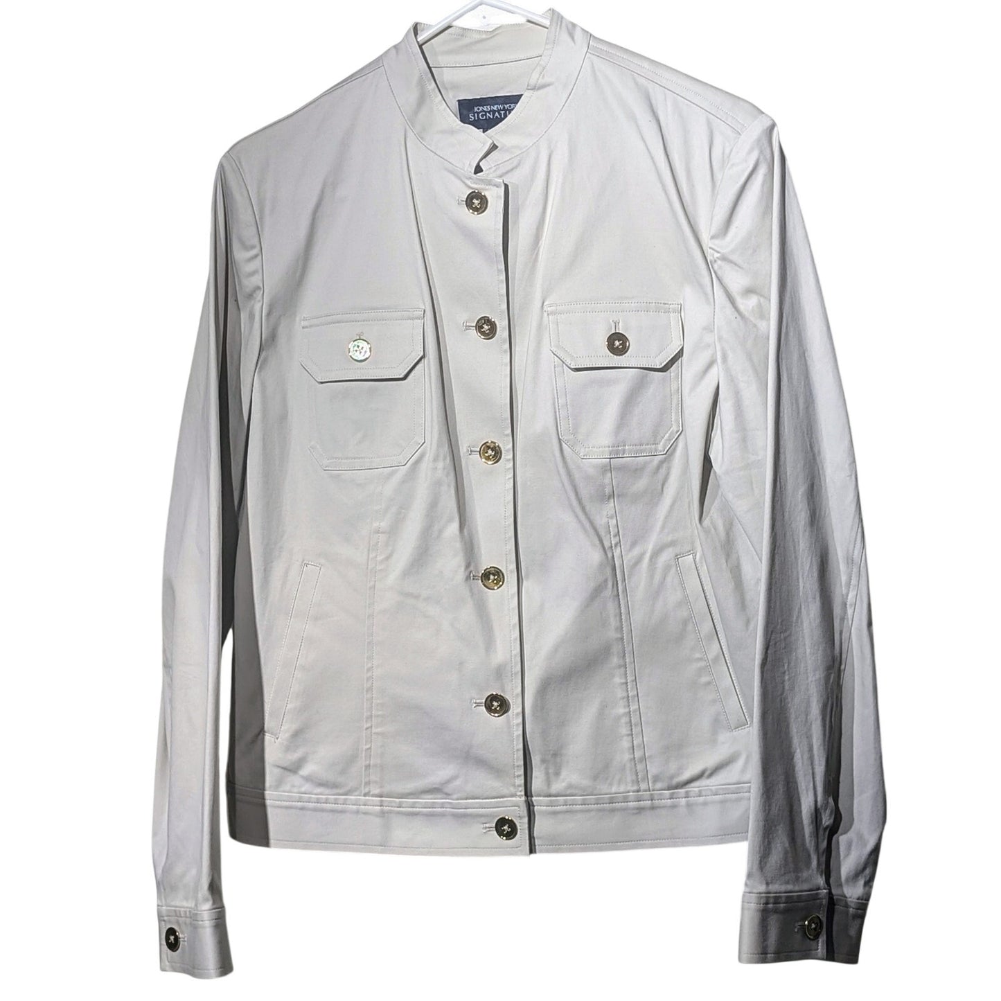 Jones New York Signature Beige Mandarin Collar Button Front Unlined Jacket Sz L