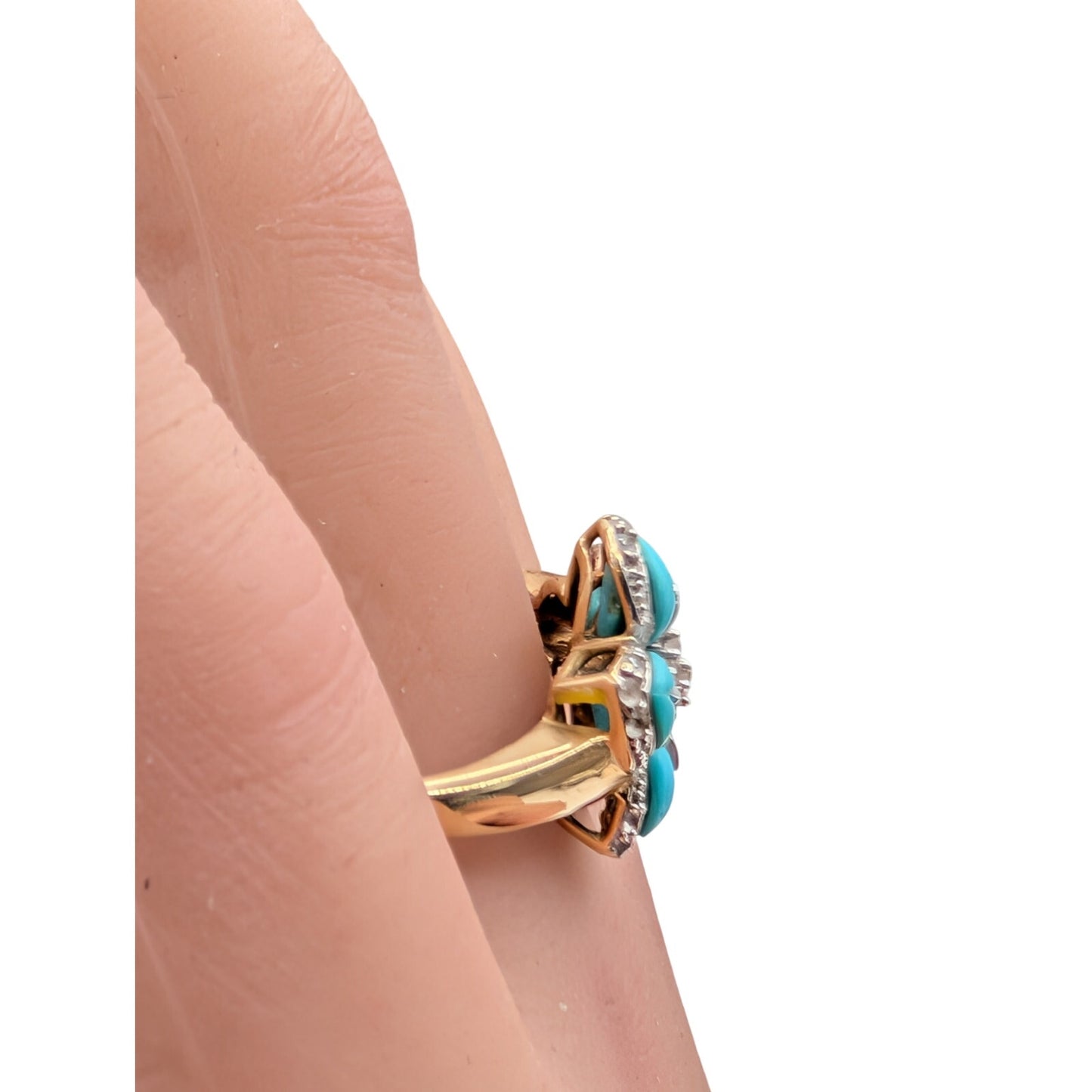 14KT Yellow Gold Carved Turquoise & Diamond Flower Ring Size 9.5
