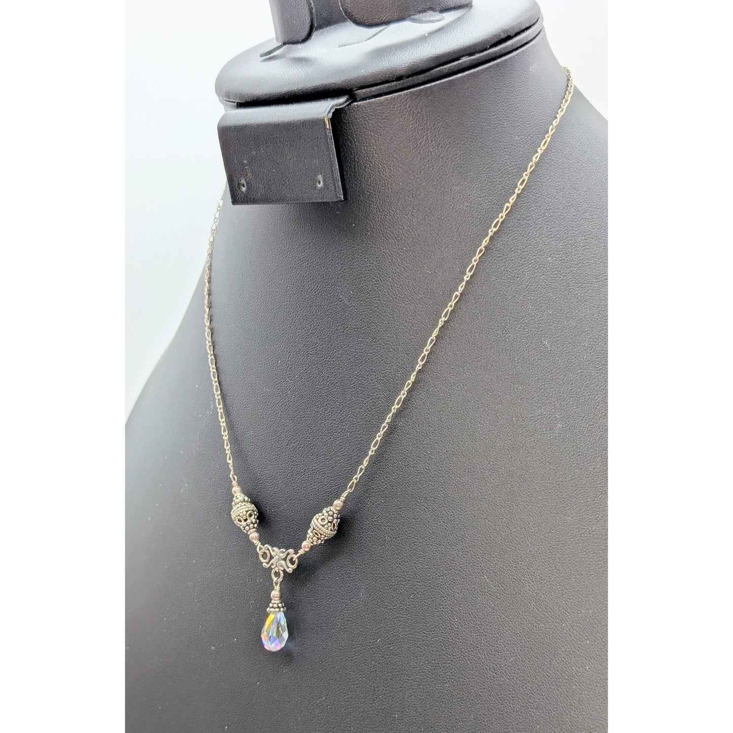 Vintage 925 Sterling Silver Beaded Chain Y Drop AB Crystal Teardrop Necklace