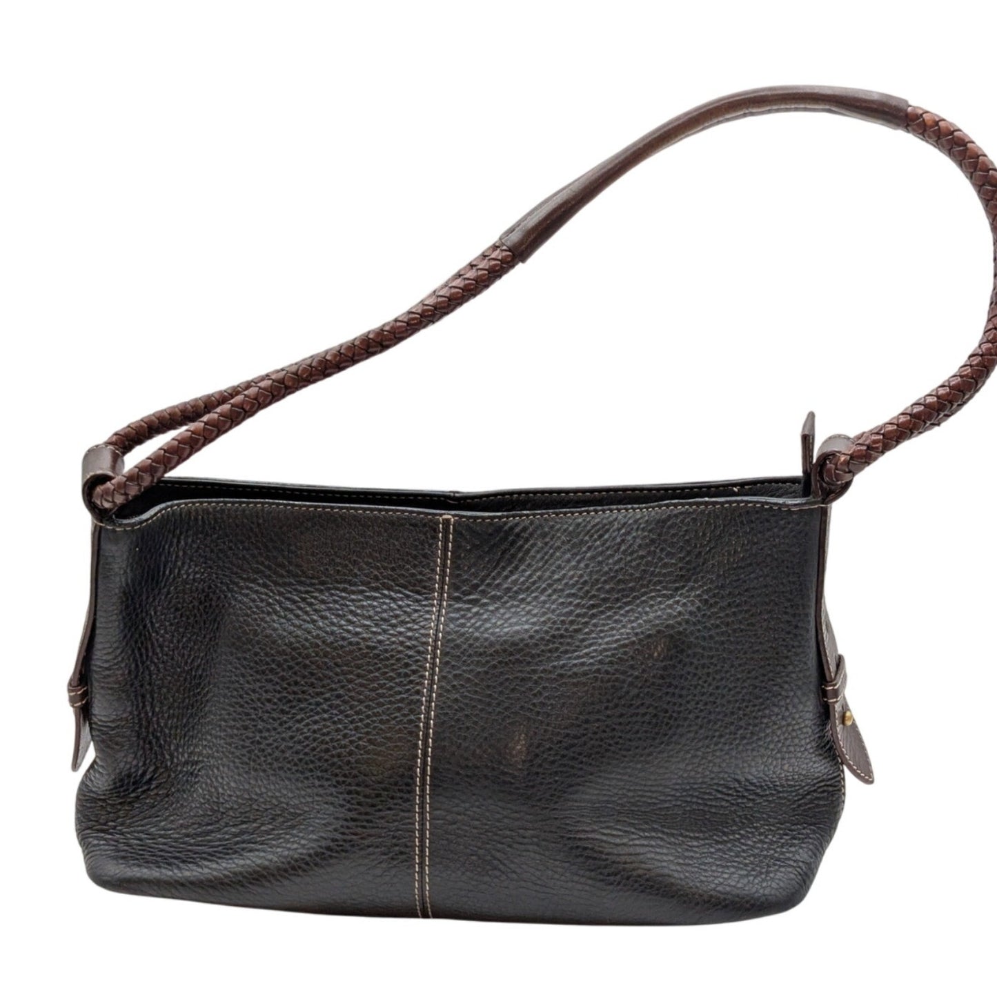 Vintage Fossil Black Brown Pebbled Leather Braided Handle Shoulder Bag