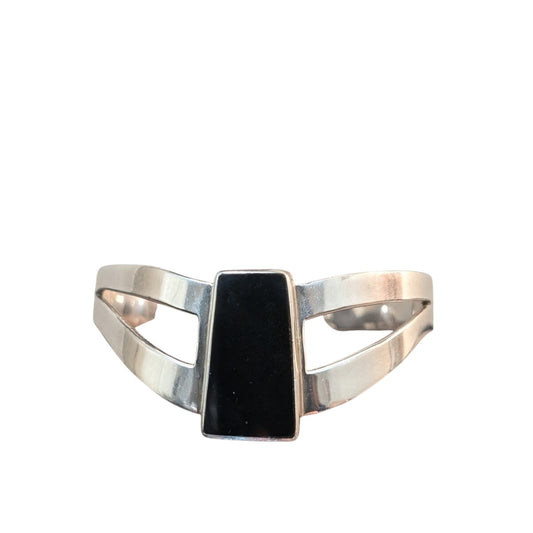Taxco Mexico 925 Sterling Silver Black Onyx Modernist Split Band Cuff Bracelet