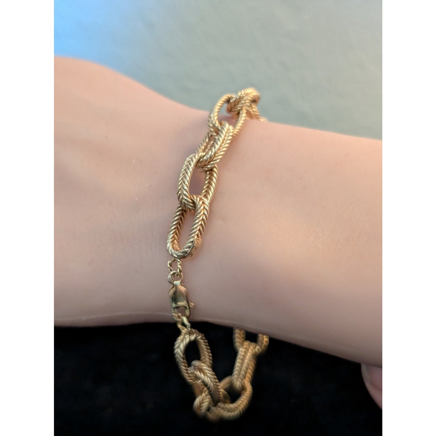 14Kt Yellow Gold Textured Double Link Chain Lobster Claw Clasp Bracelet
