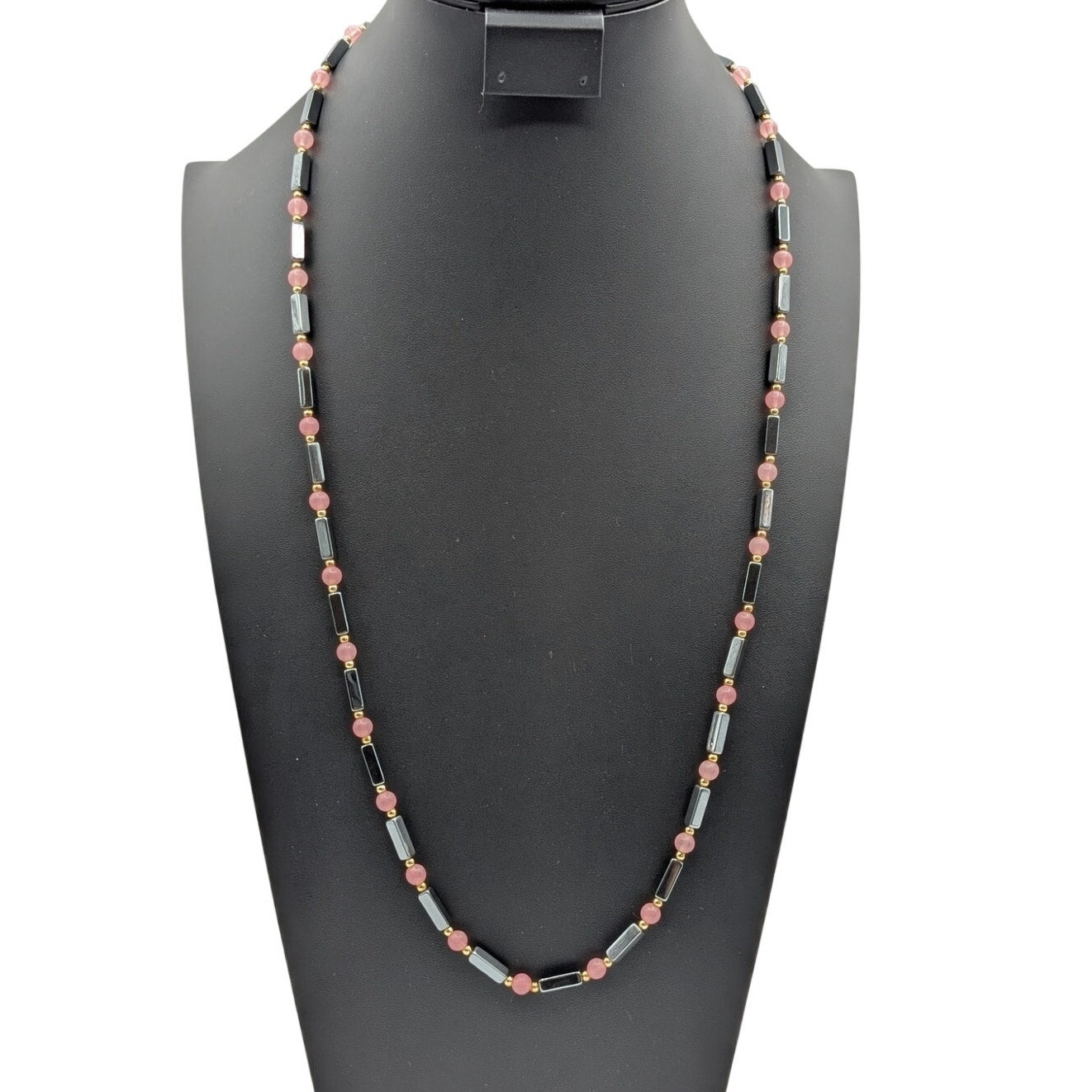 Elongated Hematite Pink Quartz Gold Tone Bead Over the Head 32" Necklace
