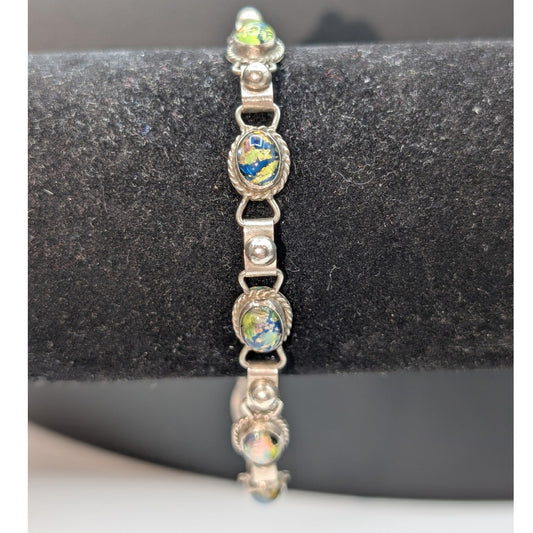 Vintage Signed Sterling 925 Silver Colorful Beaded Hook Clasp Bracelet