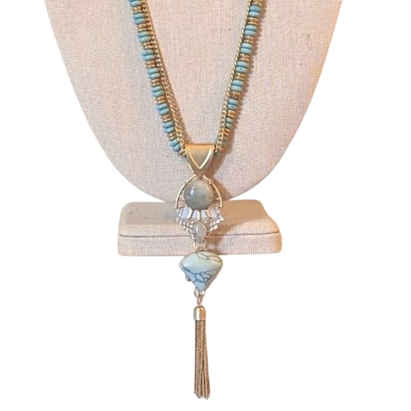 Charming Charlie Gold Tone Turquoise Colored Beads and Stone Tassel Pendant