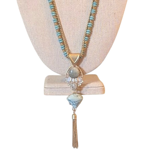 Charming Charlie Gold Tone Turquoise Colored Beads and Stone Tassel Pendant