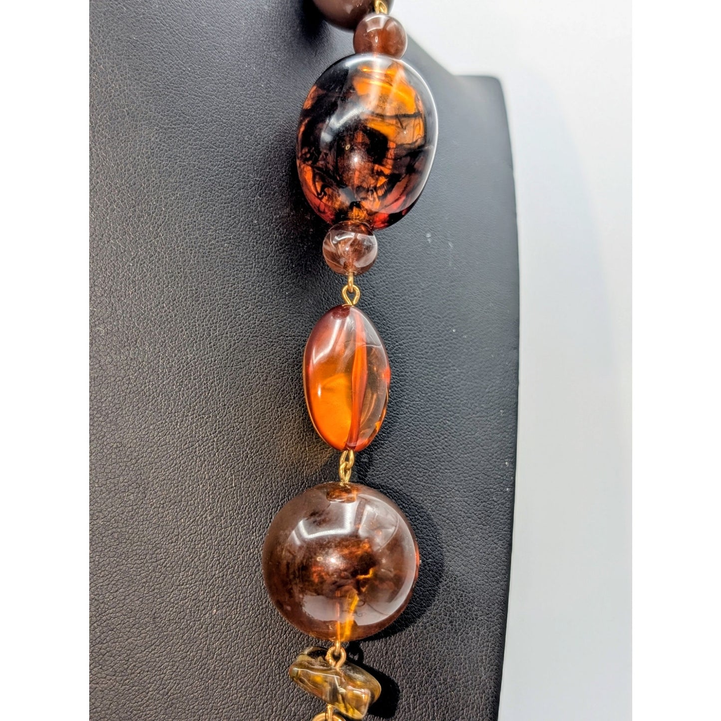 Chunky Gold Tone Chain Link Amber Acrylic Bead 34" Necklace
