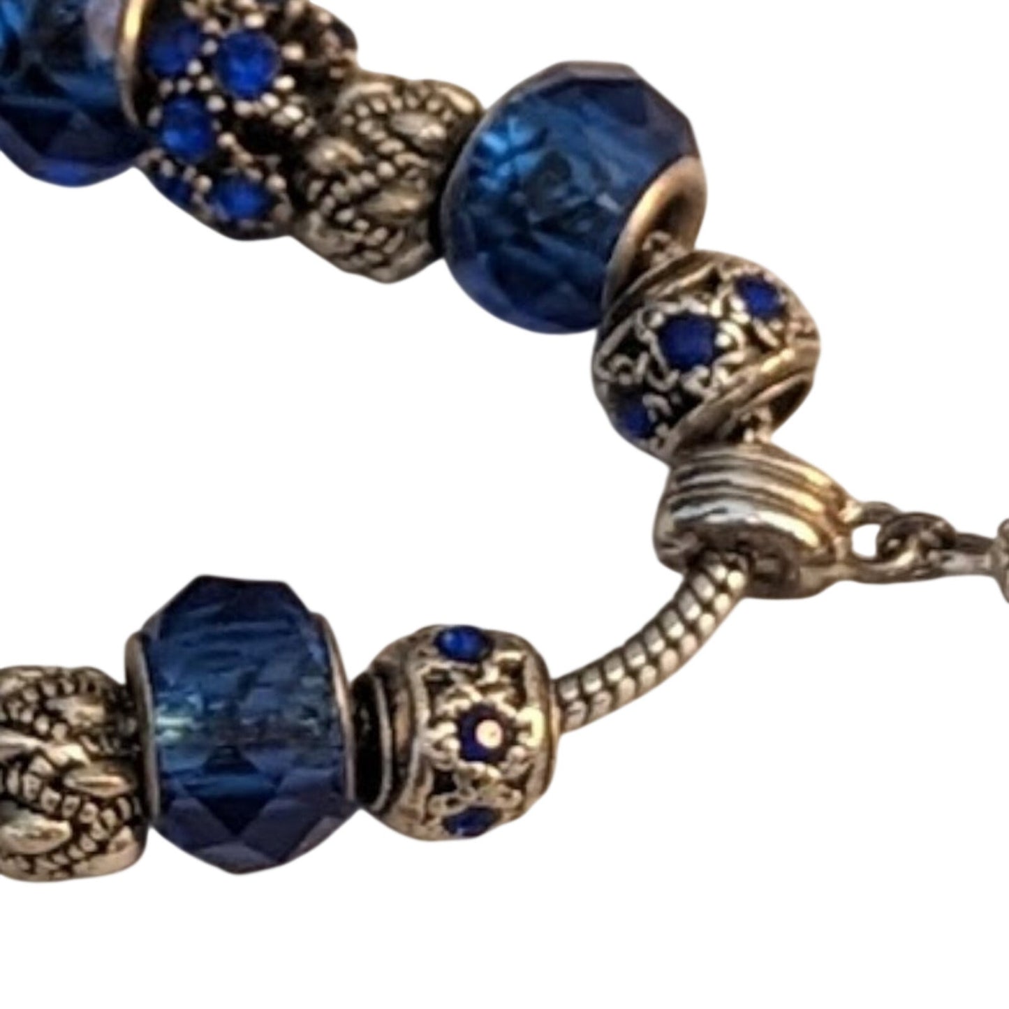 Charm Bracelet With Blue Crystal Beads in Silver Tone Metal with Safety Chain