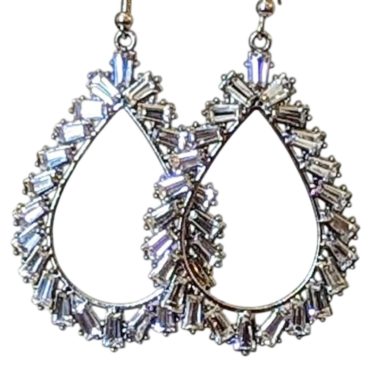 Baguette Crystal Teardrop Silver Tone Earrings