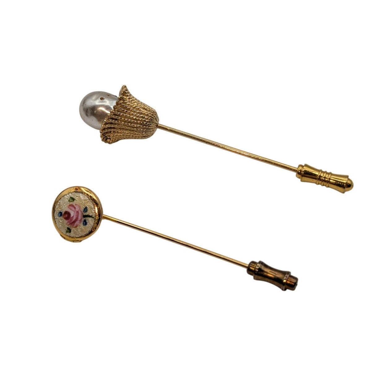 Lot of Two Vintage Gold Tone Stick Pins One Faux Pearl & One Enamel Rose Locket