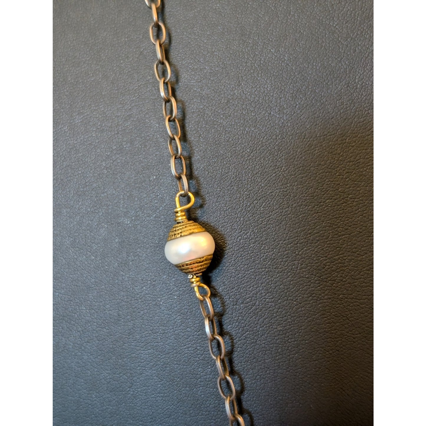 Vintage Bronze Cage Flower Pearl & Crystal Beads Rolo Link Long Boho Necklace