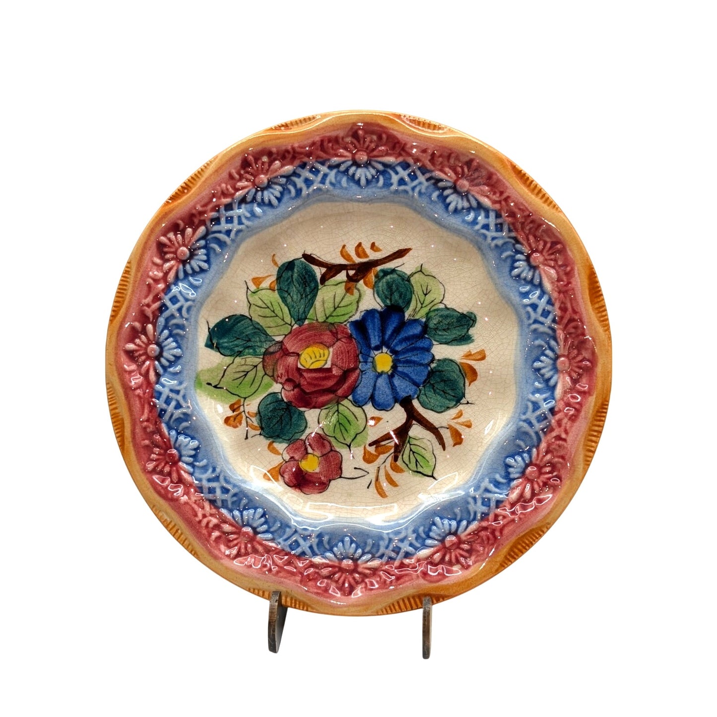 Vintage Majolica Style 1950s Hand-Painted Japanese Floral Plate