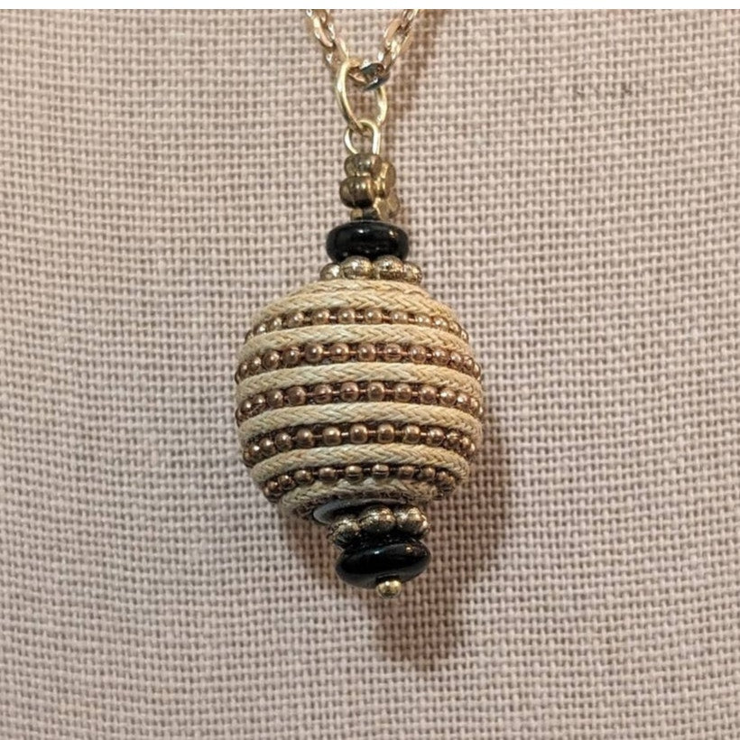 Cord Wrapped Beaded Orb Pendant on Gold Tone Spring Ring Clasp 18" Chain