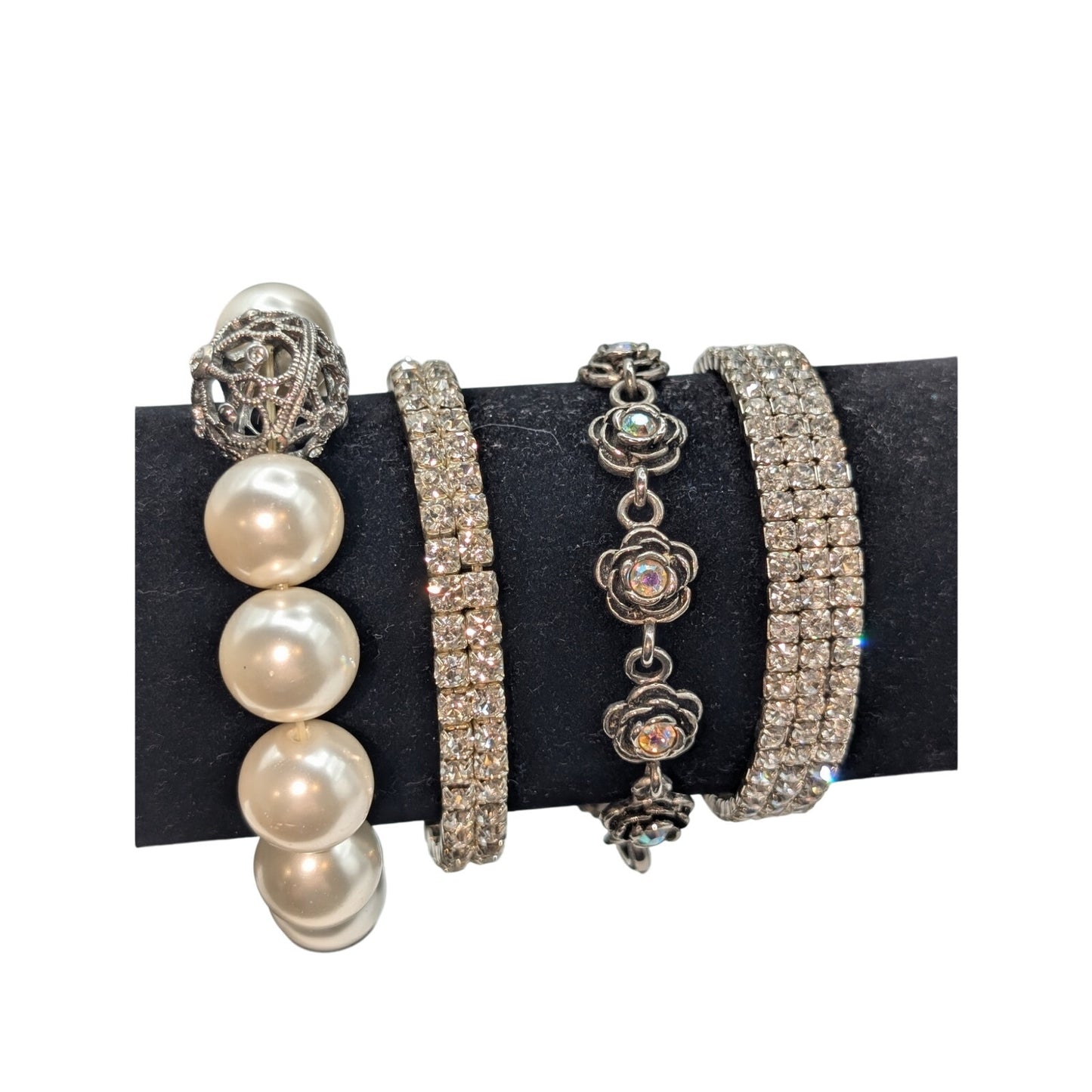Lot of 9 Pcs of Faux Pearl Rhinestone Chain & Filigree Silver Tone Metal Jewelry