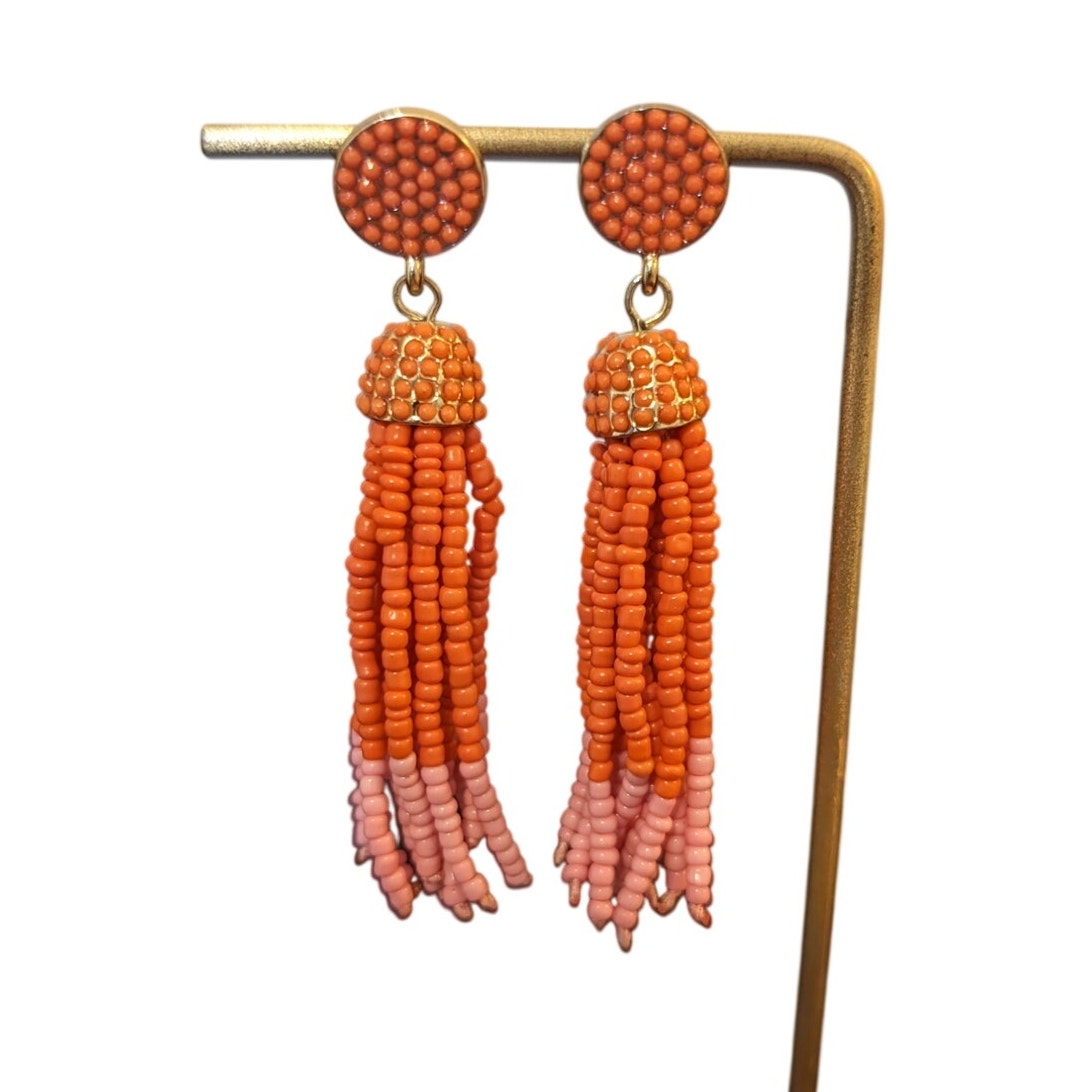 Orange Pink Beaded Tassel Boho Dangle Post Earrings