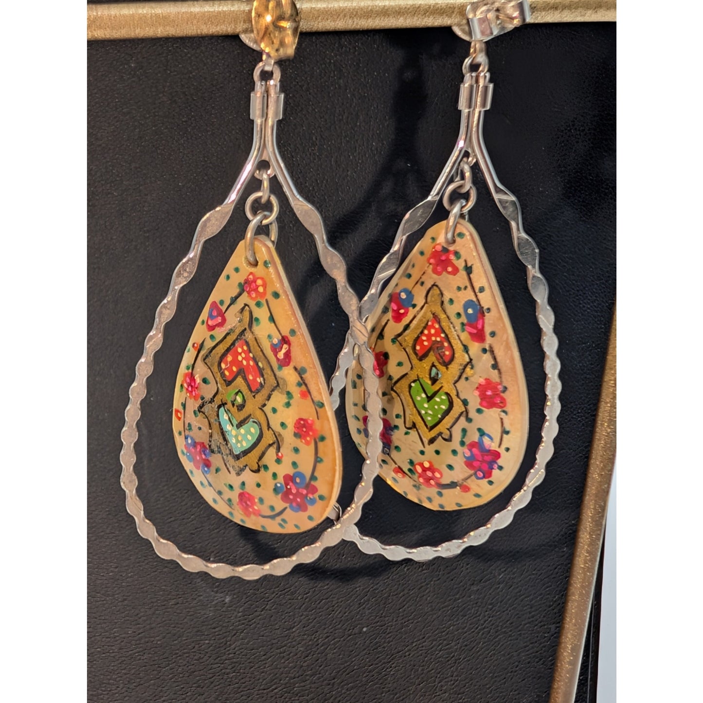 Vtg Middle Eastern Persian MOP Hand-Painted Two-Sided Bird Dangle/Drop Earrings